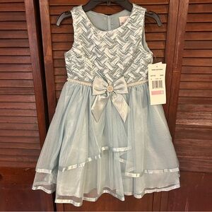 Rare Editions Sleeveless Satin Ribbon Basket Weave Bow Detail Tiered Mesh Dress